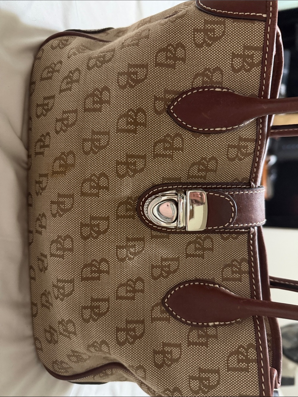 Dooney & Bourke Brown Logo-Print Canvas Tote with Dark Brown Leather Trim